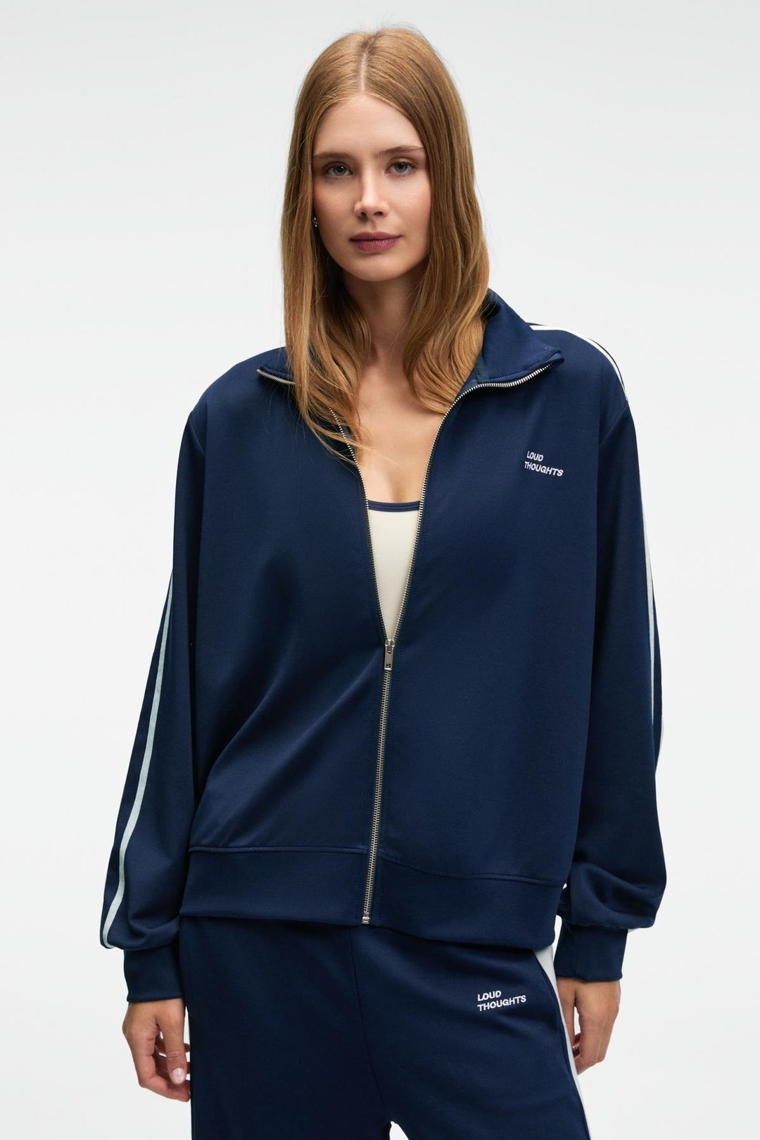 ZINNIE Kadın Regular Nakış Ve Yan Şerit Detaylı Metal Fermuarlı Dik Yaka Lacivert Ceket