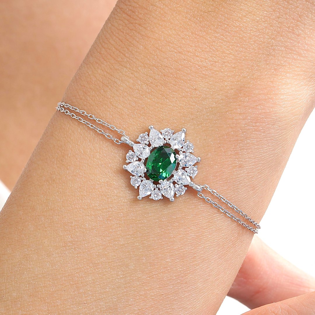 Effective Diamond Paris Işıltısı Sentetik Zümrüt Taşlı Gümüş Bileklik