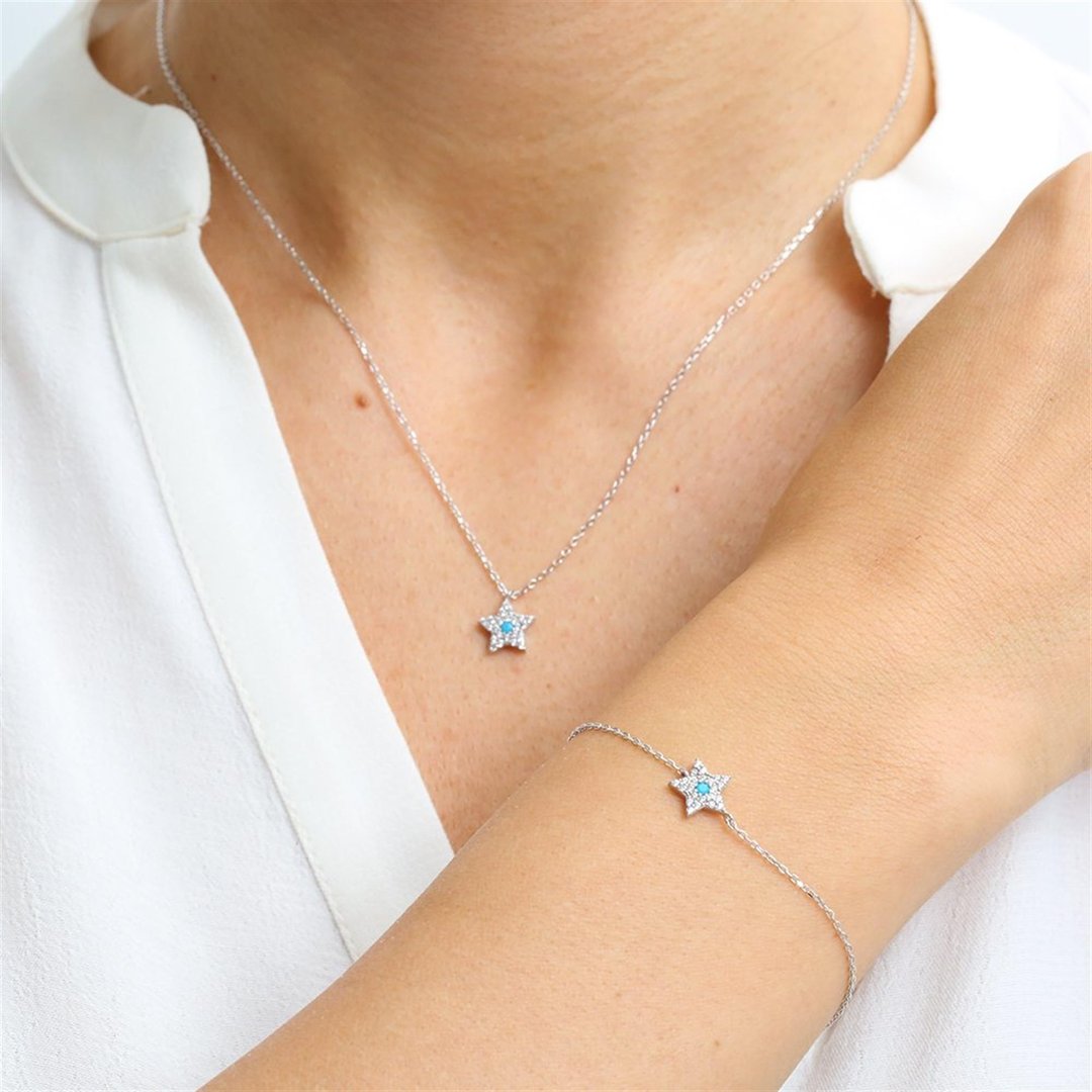 Firuze Detay Işıltı Yıldızı İkili Gümüş Set