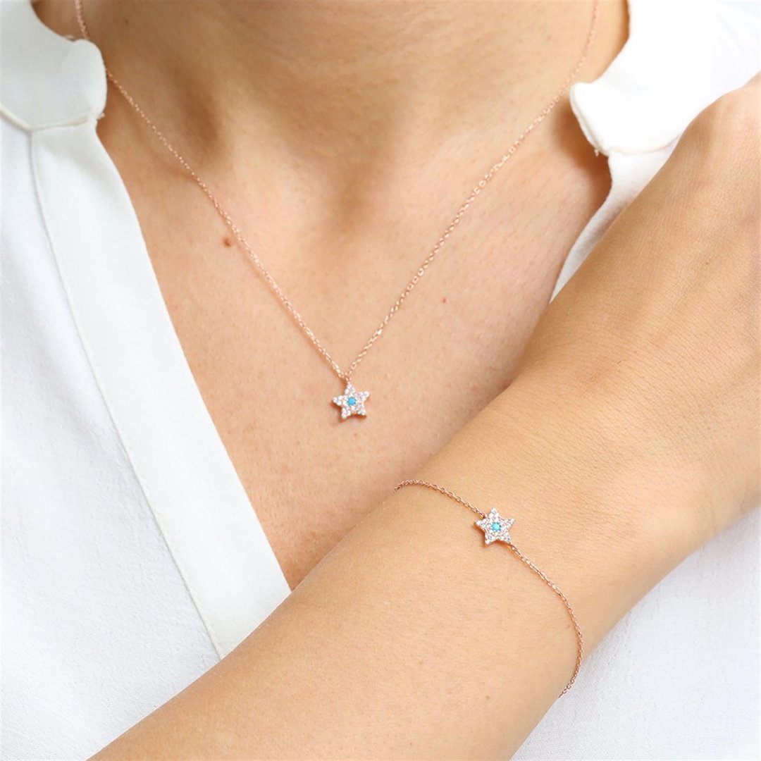 Firuze Detay Işıltı Yıldızı Rose Renk İkili Gümüş Set