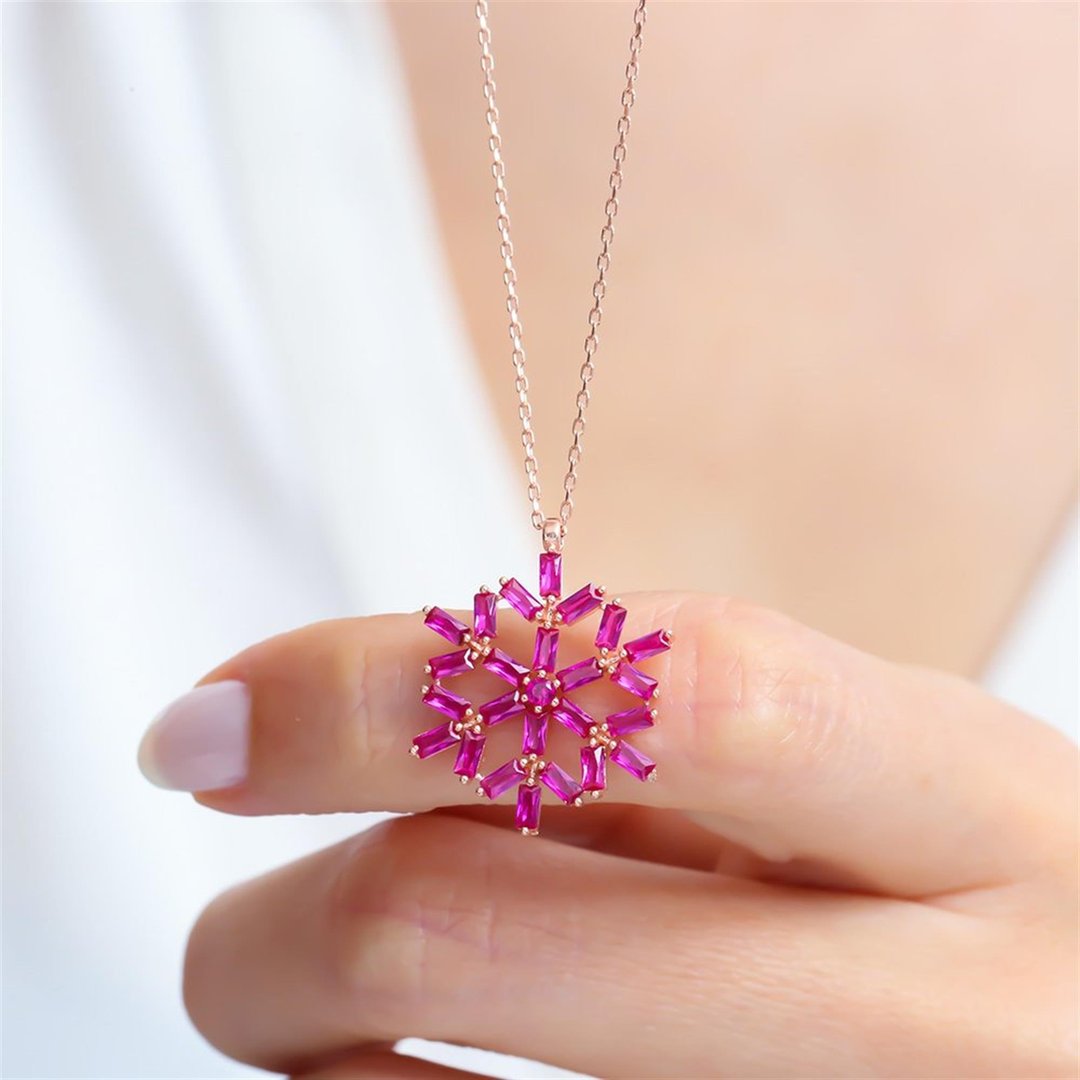 Fuşya Baget Kristali Rose Renk Gümüş Kolye