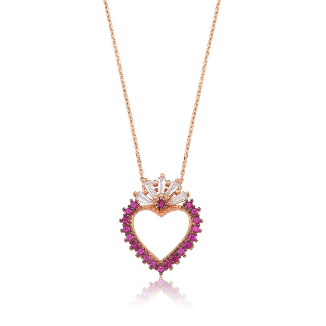 Fuşya Taşlı Kalp İhtişamı Rose Renk Gümüş Kolye