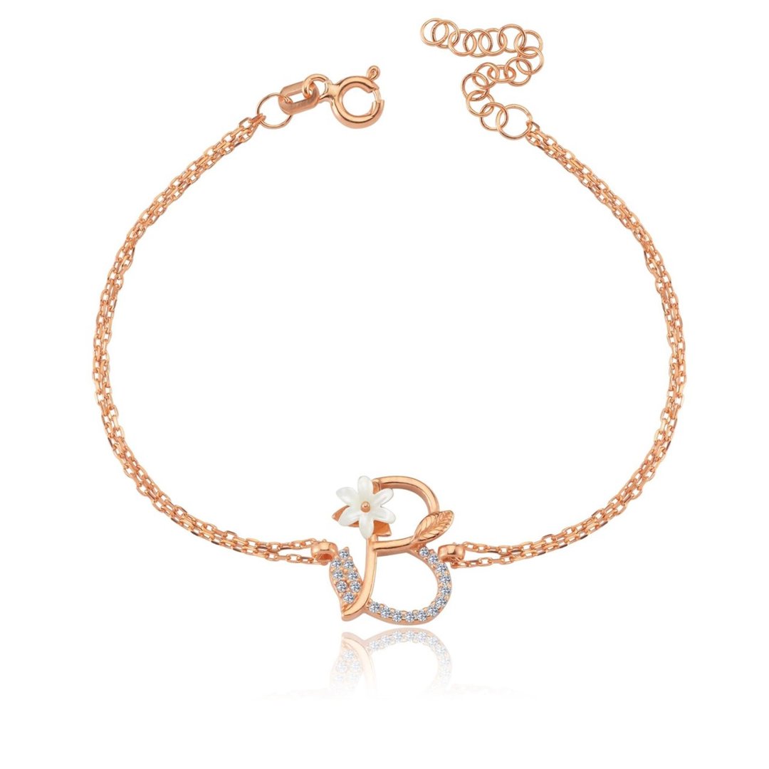 Işıltılı Manolya Çiçeği B Harfi Rose Renk Gümüş Harfli Bileklik