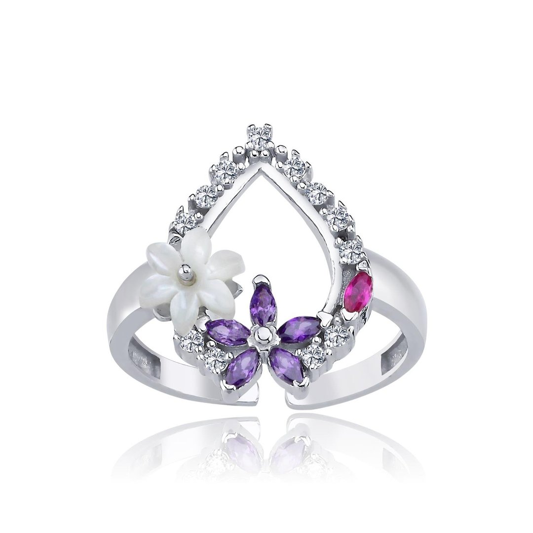 Manolya Çiçeği Ametist Damlası Flowers Gümüş Yüzük