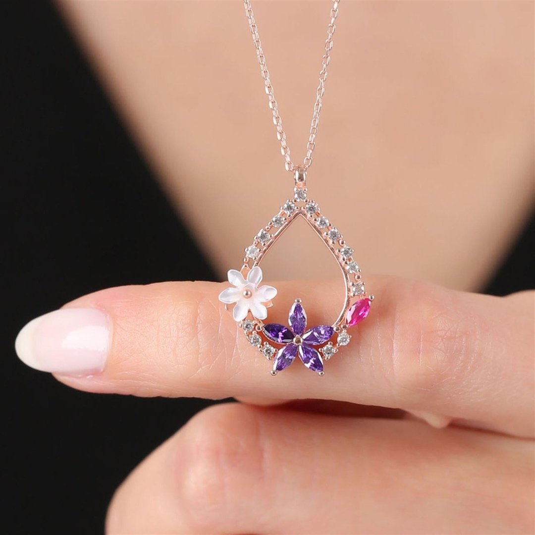 Manolya Çiçeği Ametist Damlası Rose Renk Flowers Gümüş Kolye