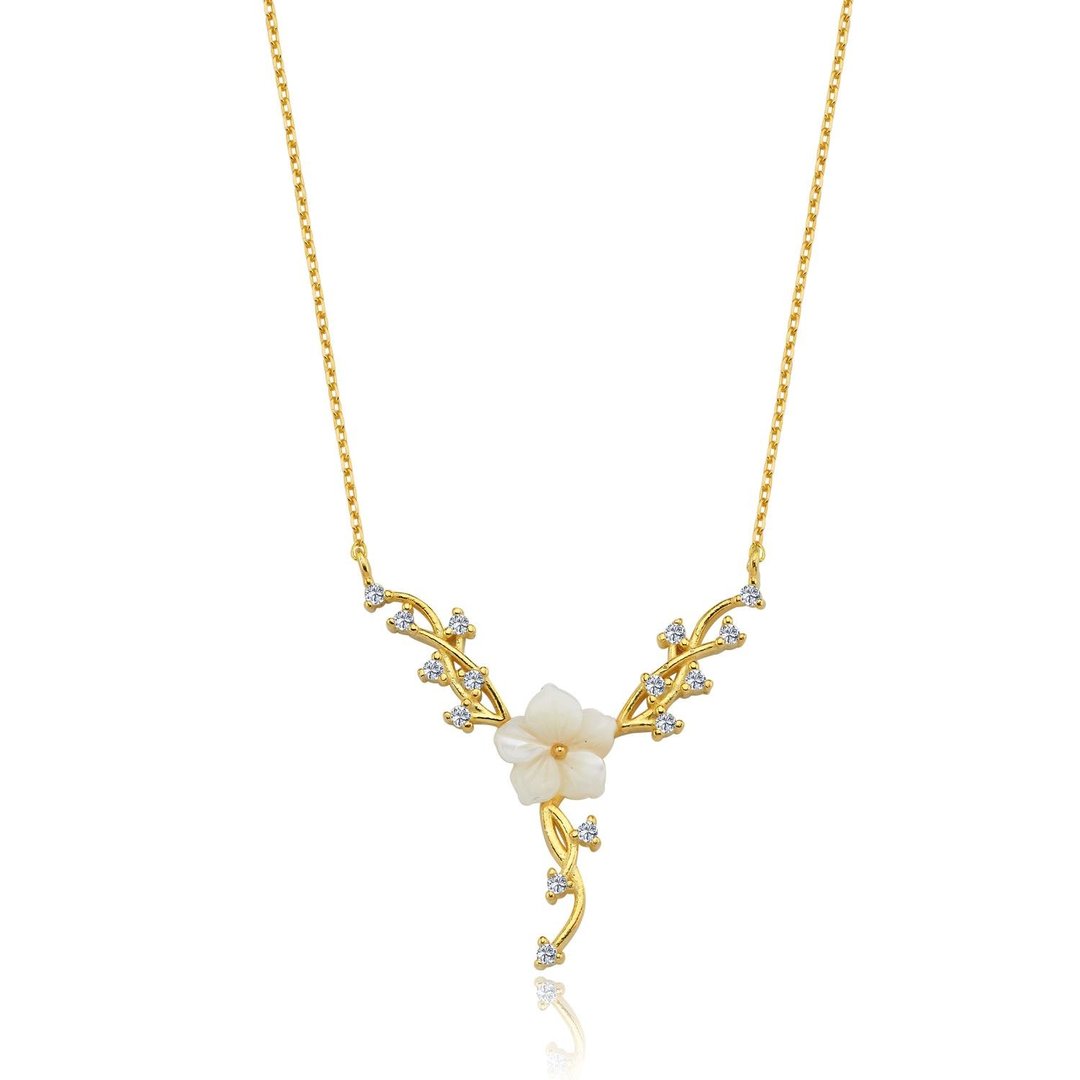 Manolya ve Sarmaşık Gold Renk Flowers Gümüş Kolye