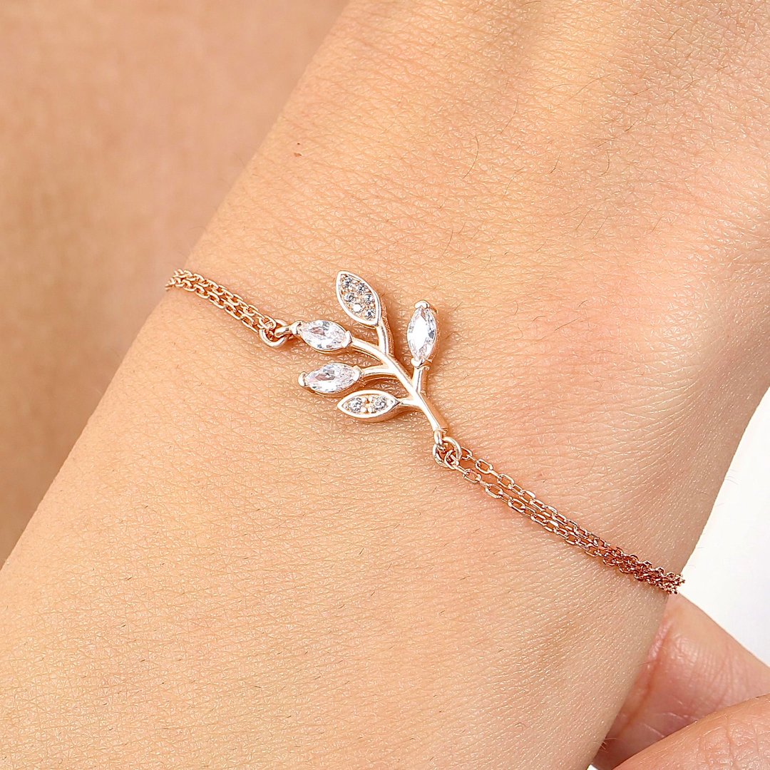 Mekik Taşlı Zeytin Dalı Rosegold Gümüş Bileklik
