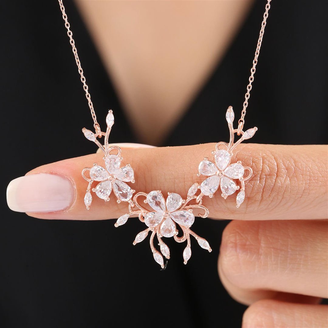 Pırlanta Montür Işıltılı Gül Rüyası Rose Renk Flowers Gümüş Kolye