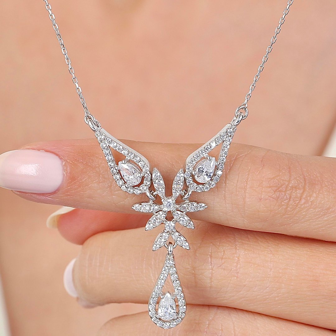 Pırlanta Montür Mini Tutkulu Damlalar Gümüş Kolye