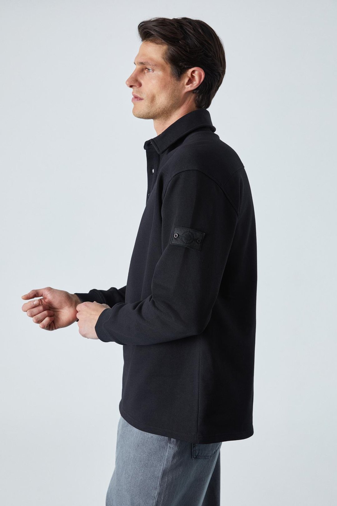 AATROX Erkek Polo Yakalı Patlı Düğmeli Uzun Kol Regular Fit Nakış Detaylı Siyah Sweatshirt