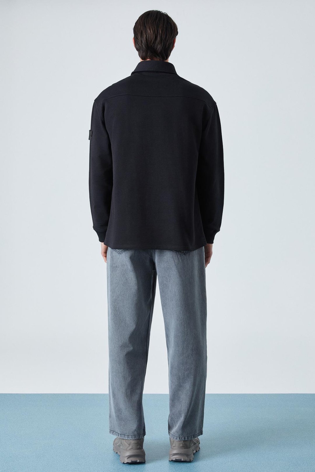 AATROX Erkek Polo Yakalı Patlı Düğmeli Uzun Kol Regular Fit Nakış Detaylı Siyah Sweatshirt