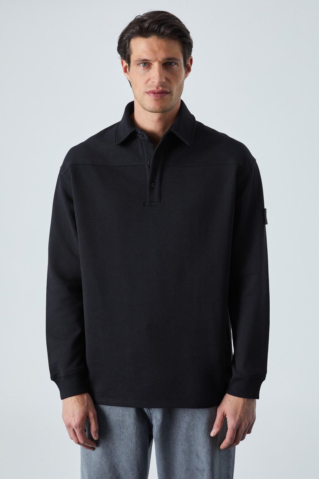 AATROX Erkek Polo Yakalı Patlı Düğmeli Uzun Kol Regular Fit Nakış Detaylı Siyah Sweatshirt