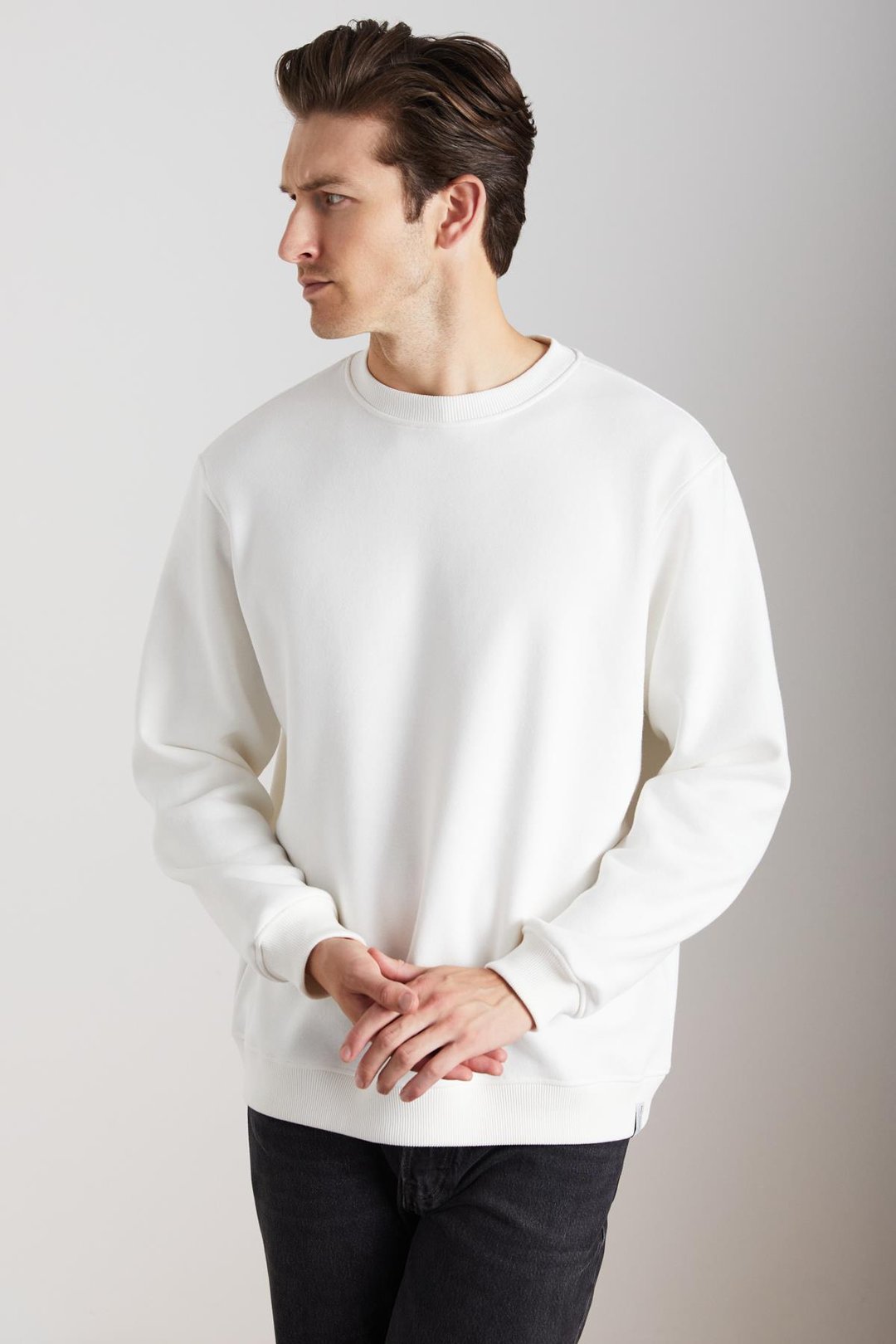 ADAMS Erkek İçi Polarlı Sıcak Tutan 3 İplik Örme %100 Organik Pamuk Regular Fit Ekru Sweatshirt