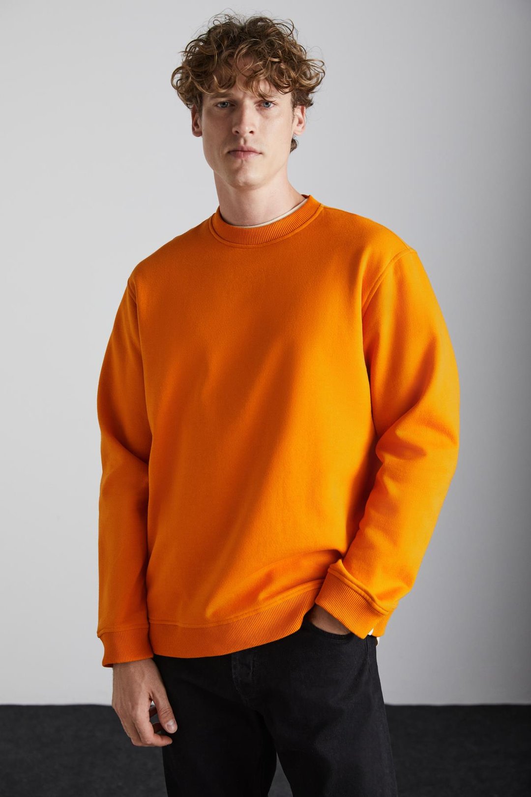 ADAMS Erkek İçi Polarlı Sıcak Tutan 3 İplik Örme %100 Organik Pamuk Regular Fit Safran Sarı Sweatshirt