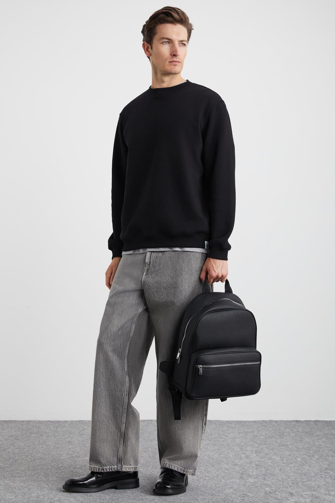 ADAMS Erkek İçi Polarlı Sıcak Tutan 3 İplik Örme %100 Organik Pamuk Regular Fit Siyah Sweatshirt