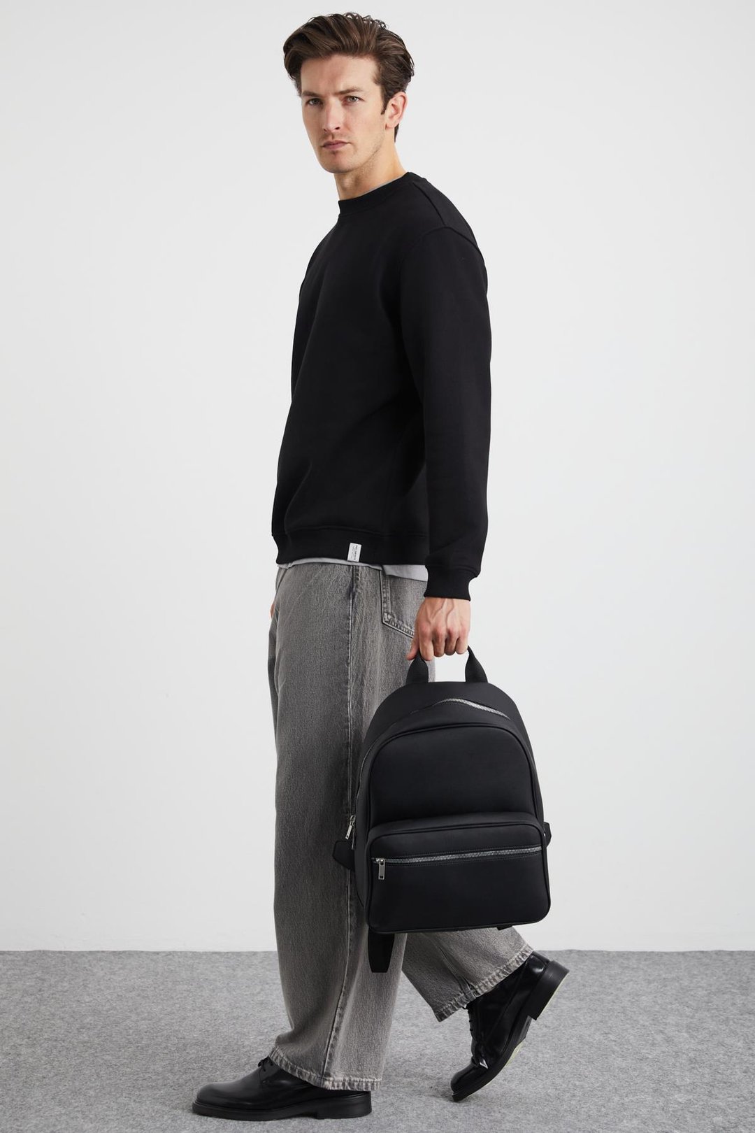 ADAMS Erkek İçi Polarlı Sıcak Tutan 3 İplik Örme %100 Organik Pamuk Regular Fit Siyah Sweatshirt