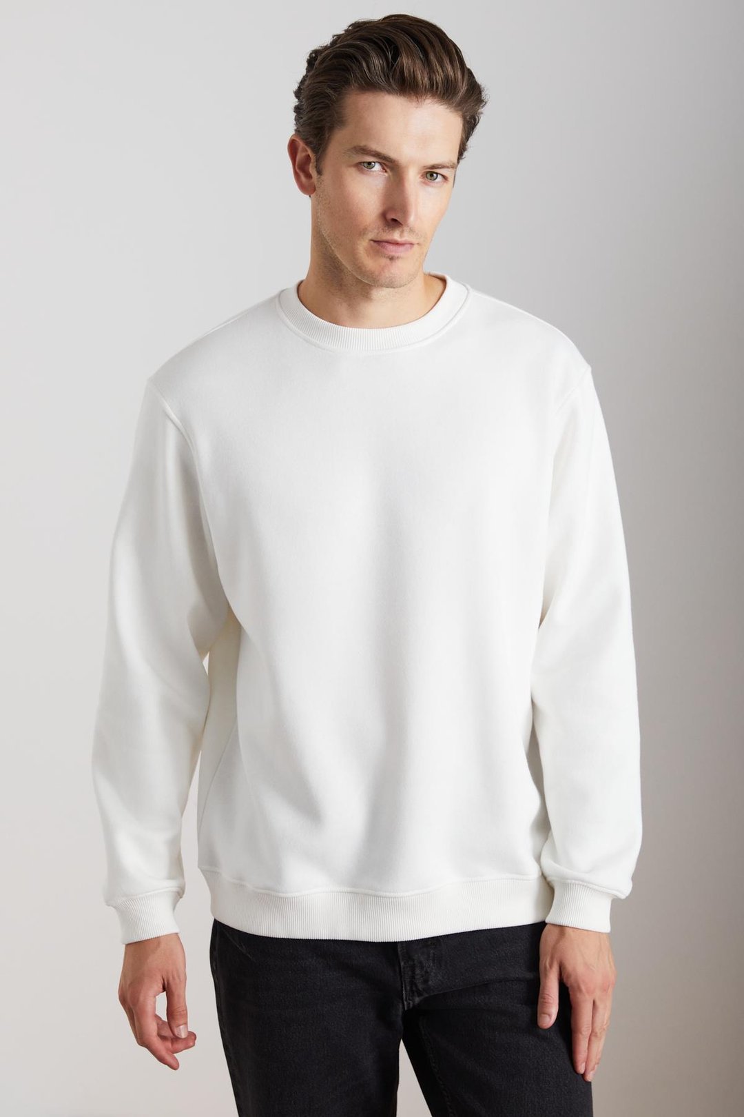 ADAMS Erkek İçi Polarlı Sıcak Tutan 3 İplik Örme %100 Organik Pamuk Regular Fit Ekru Sweatshirt