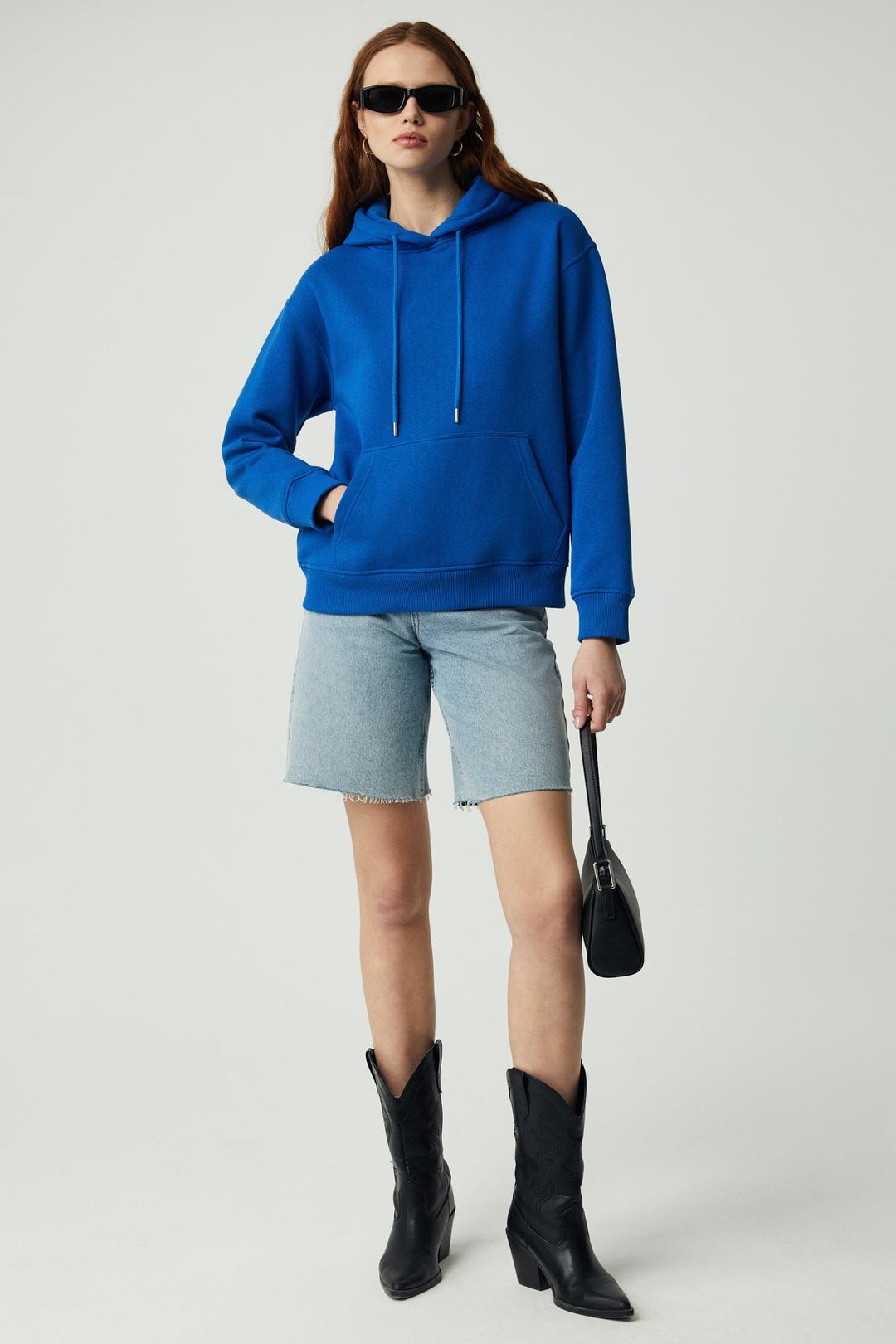Adel Kadın Organik Pamuklu Içi Polarlı Yumuşacık Relaxed  Kanguru Cepli Kapüşonlu Parlament Mavi Sweatshirt