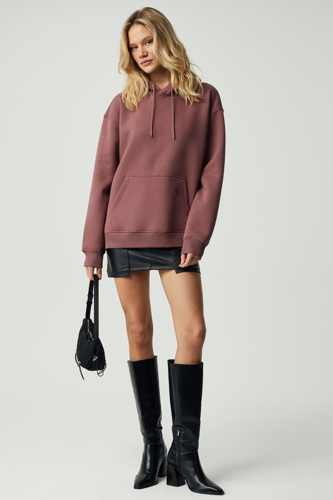 Adel Kadın Organik Pamuklu Içi Polarlı Yumuşacık Relaxed  Kanguru Cepli Kapüşonlu Mürdüm Sweatshirt