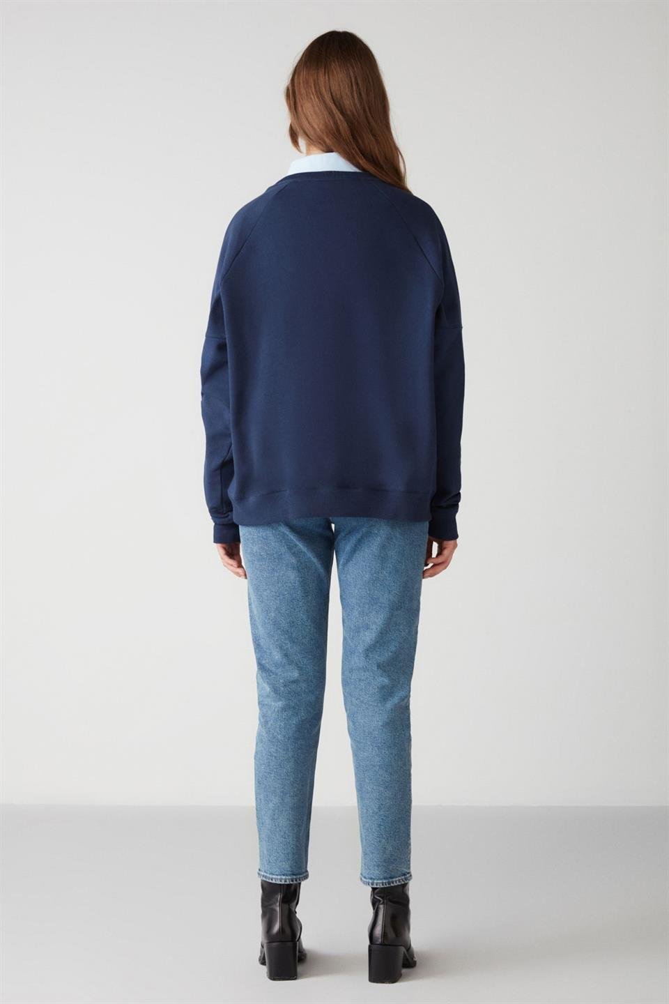 ADRIELLE Kadın Sıcak Tutan Nakış Detaylı Relaxed 3 İplik Organik Pamuk Lacivert Sweatshirt
