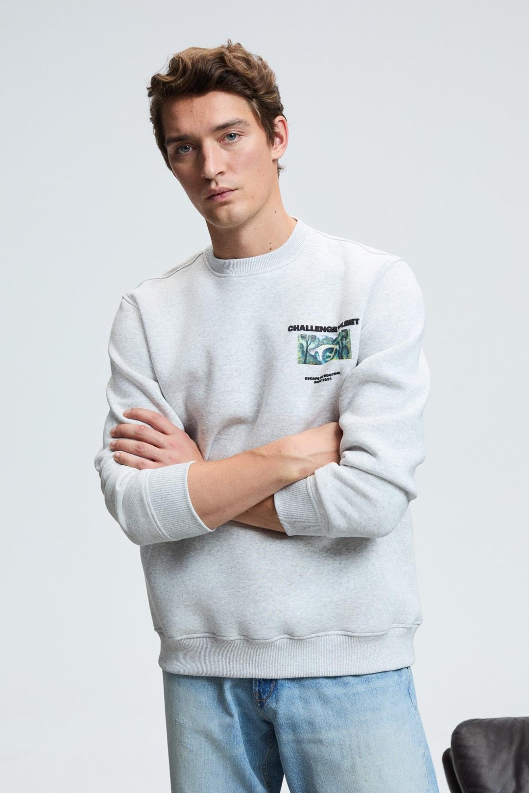 ALARIC Erkek Yuvarlak Yaka Önü Baskılı Regular Fit Grimelanj Sweatshirt