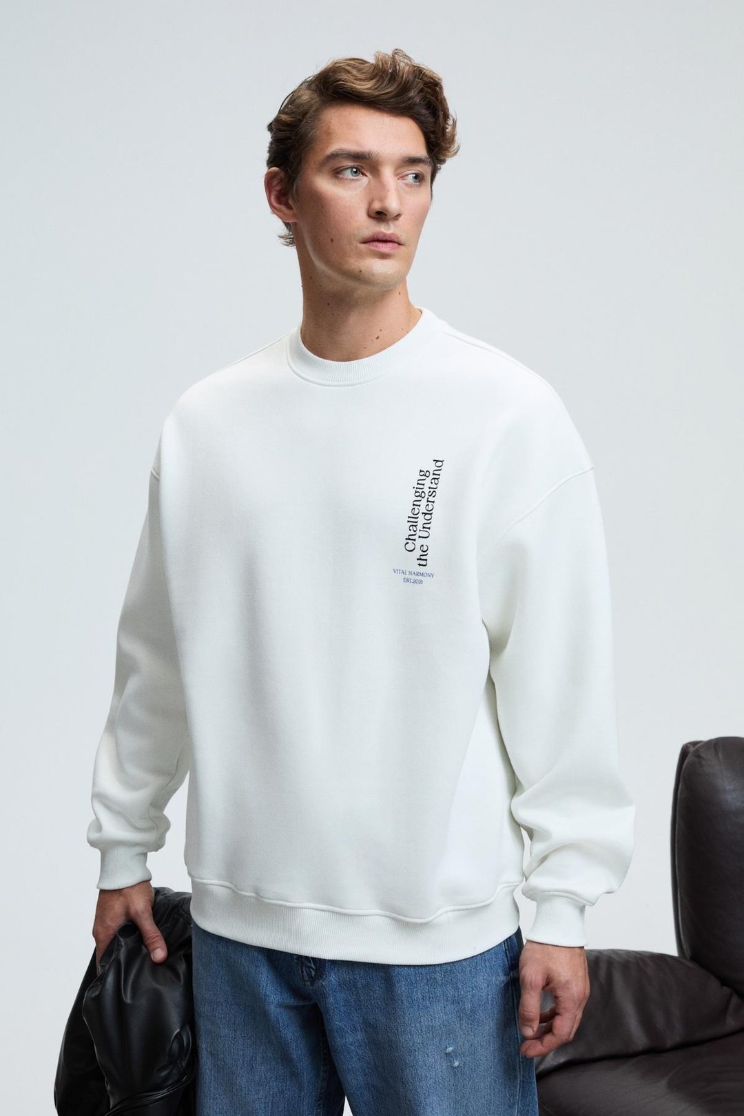 ALDEN Erkek Yuvarlak Yaka Göğsü Ve Sırtı Baskılı Relaxed Fit Beyaz Sweatshirt