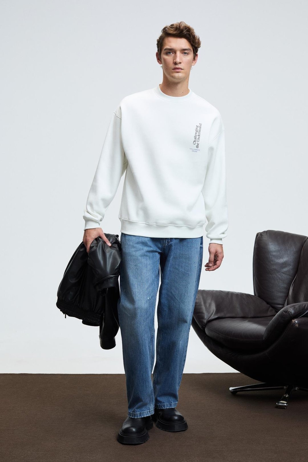 ALDEN Erkek Yuvarlak Yaka Göğsü Ve Sırtı Baskılı Relaxed Fit Beyaz Sweatshirt