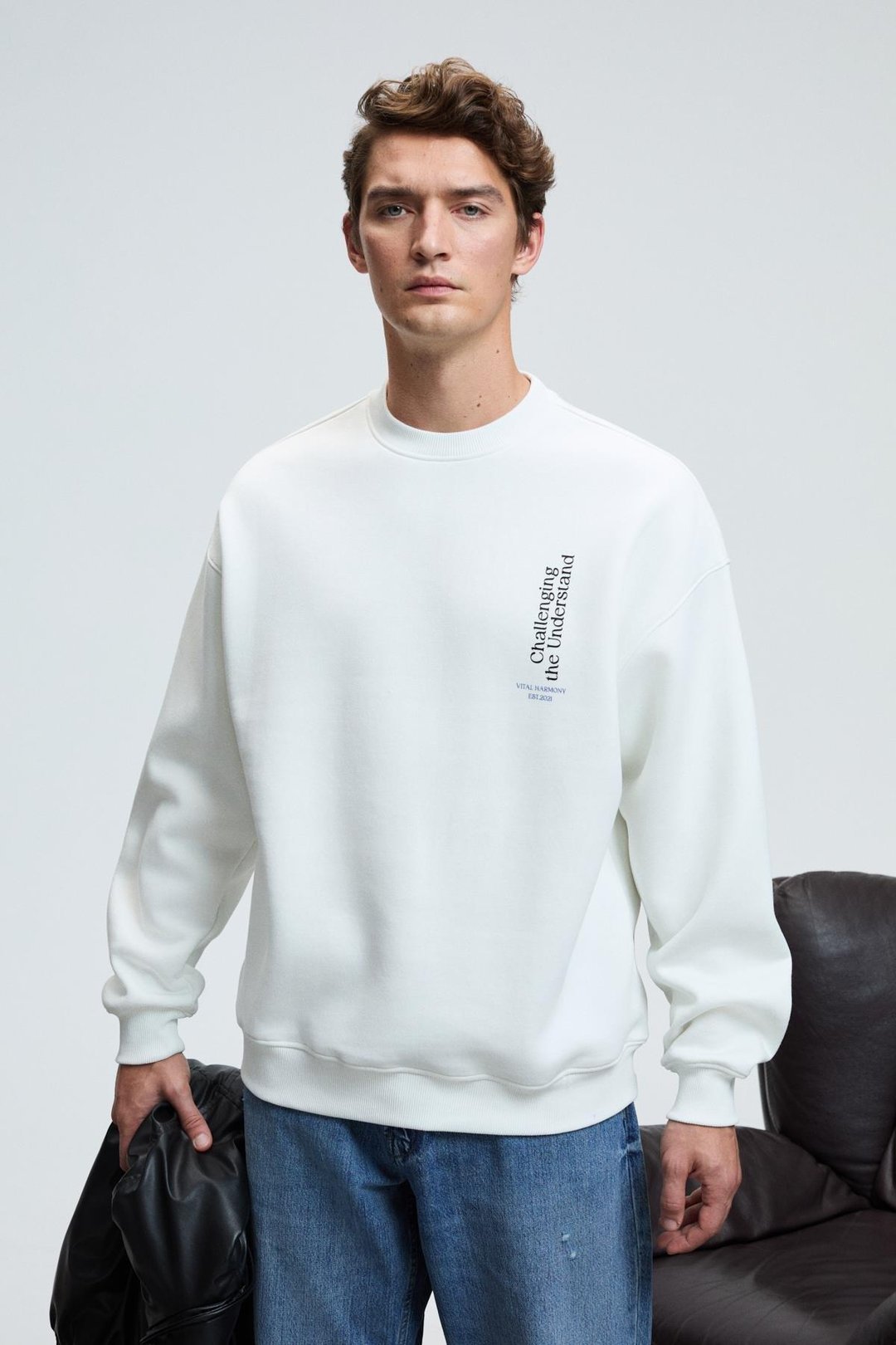 ALDEN Erkek Yuvarlak Yaka Göğsü Ve Sırtı Baskılı Relaxed Fit Beyaz Sweatshirt