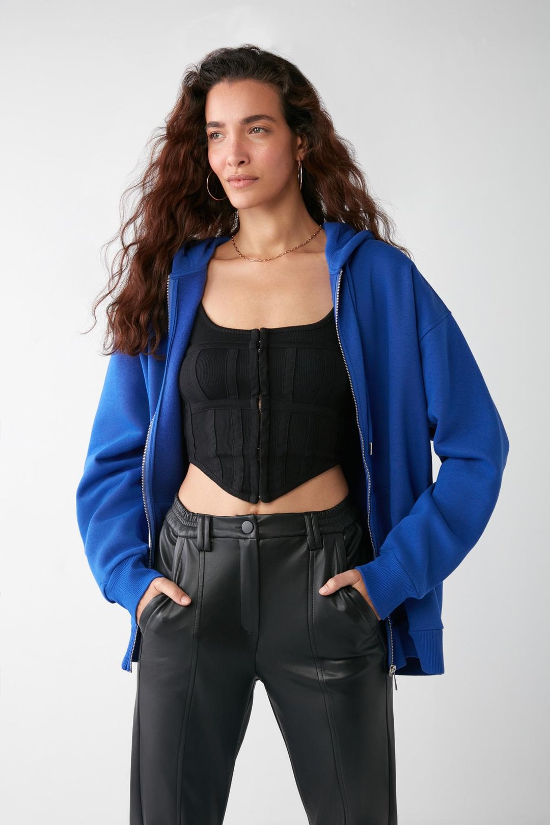 ALENA Kadın Basic Kanguru Cepli Oversize Organik Pamuk Fermuarlı Kapüşonlu Saks Mavi Sweatshirt