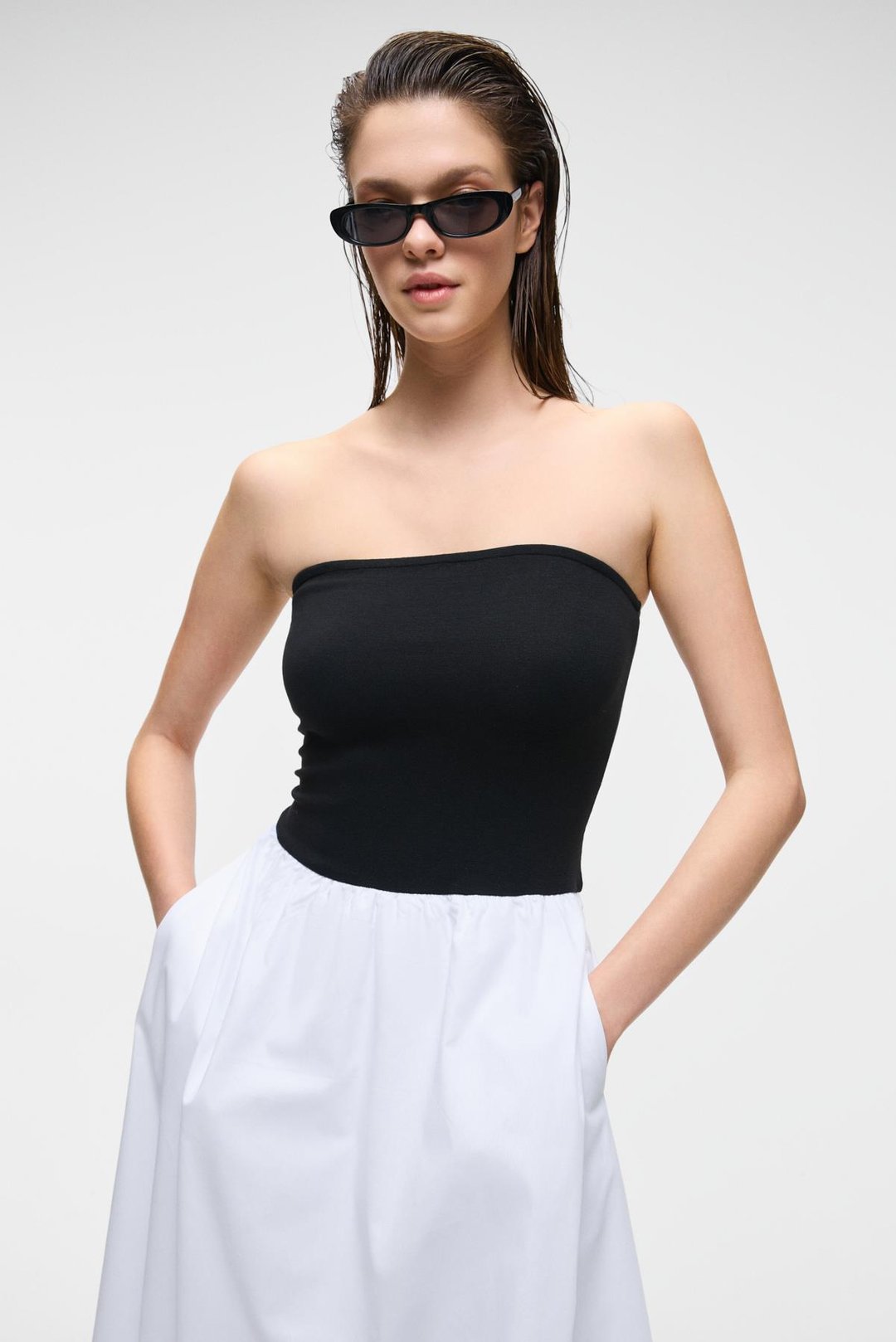 ALIANSA Kadın Poplin Dokuma Kolsuz Uzun Boy Siyah - Beyaz Elbise