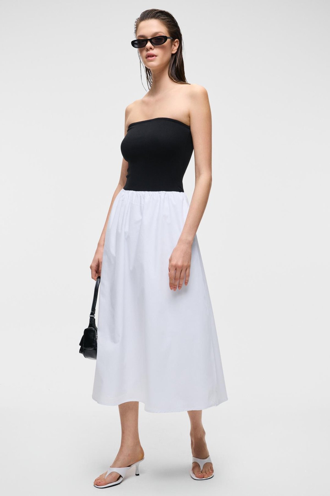 ALIANSA Kadın Poplin Dokuma Kolsuz Uzun Boy Siyah - Beyaz Elbise