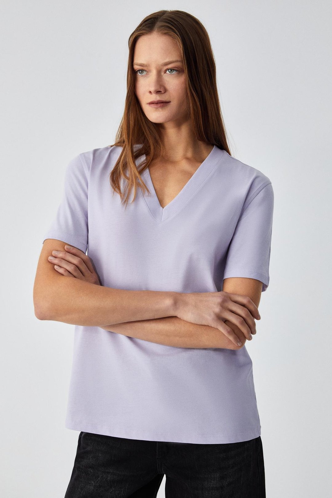 ALINE Kadın %100 organik Pamuk Derin V Yakalı Comfort Fit Lila T-Shirt