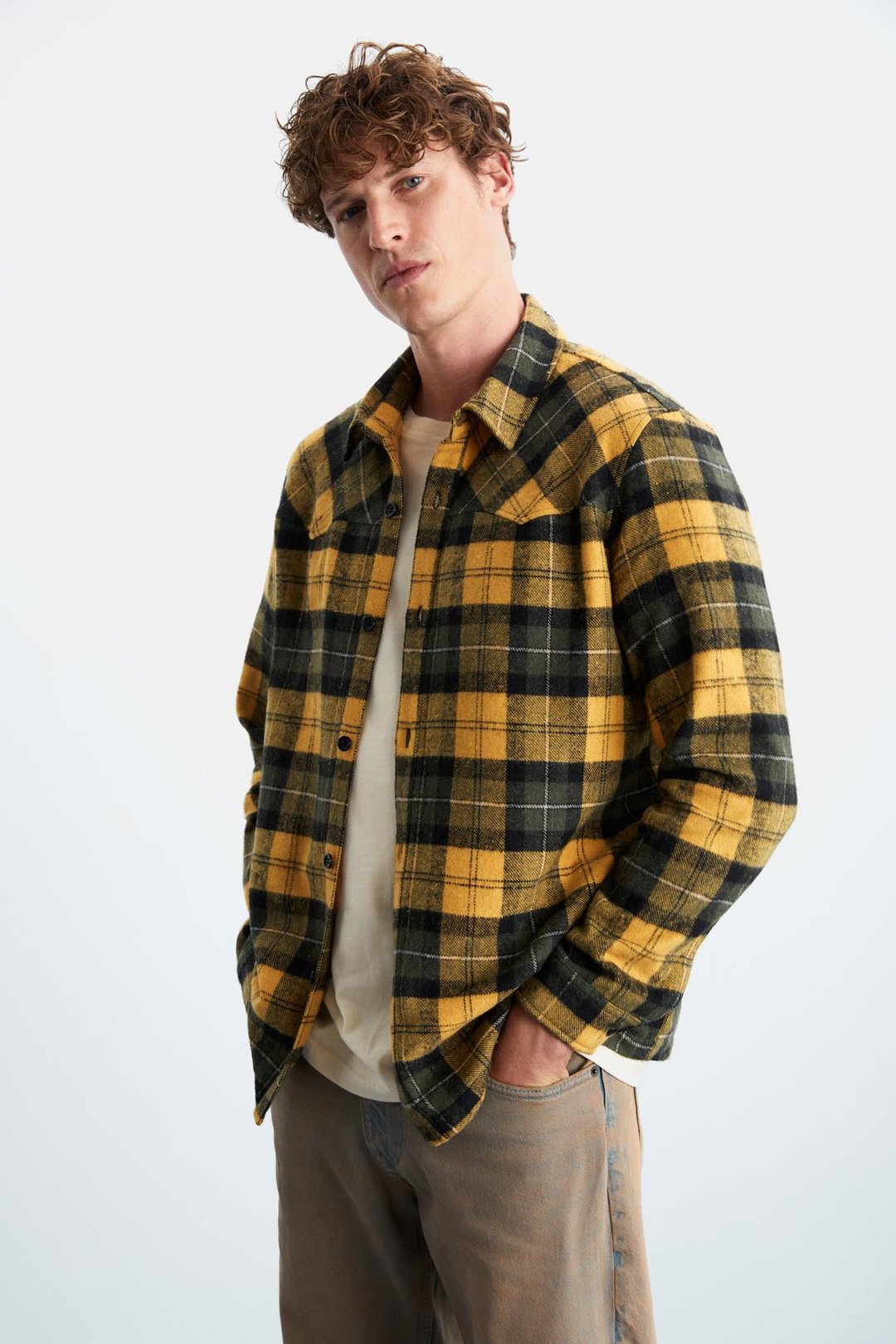 Allenı Erkek Gömlek Yaka Relaxed Fit Düğme Detaylı Sıcak Tutan Oduncu Safran Sarı Gömlek