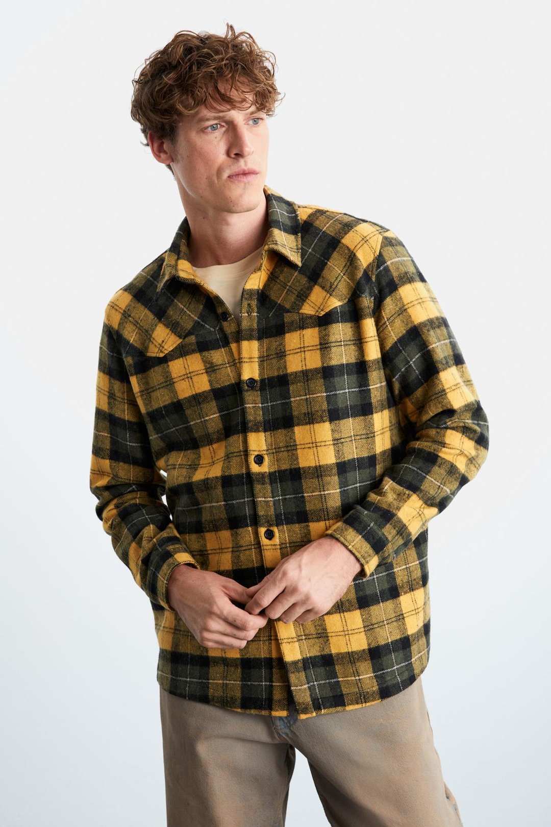 Allenı Erkek Gömlek Yaka Relaxed Fit Düğme Detaylı Sıcak Tutan Oduncu Safran Sarı Gömlek