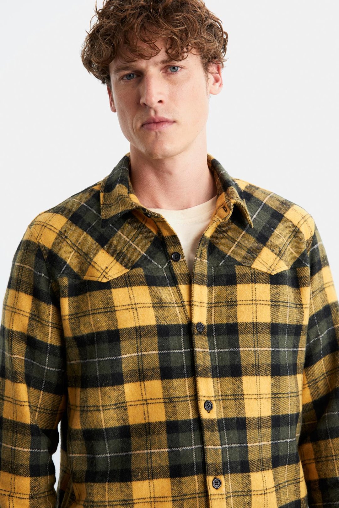 Allenı Erkek Gömlek Yaka Relaxed Fit Düğme Detaylı Sıcak Tutan Oduncu Safran Sarı Gömlek