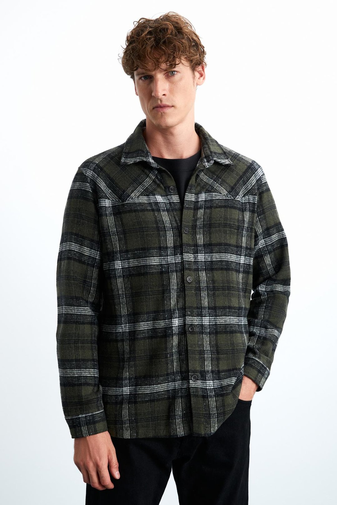 Allenı Erkek Gömlek Yaka Relaxed Fit Düğme Detaylı Sıcak Tutan Oduncu Haki Gömlek