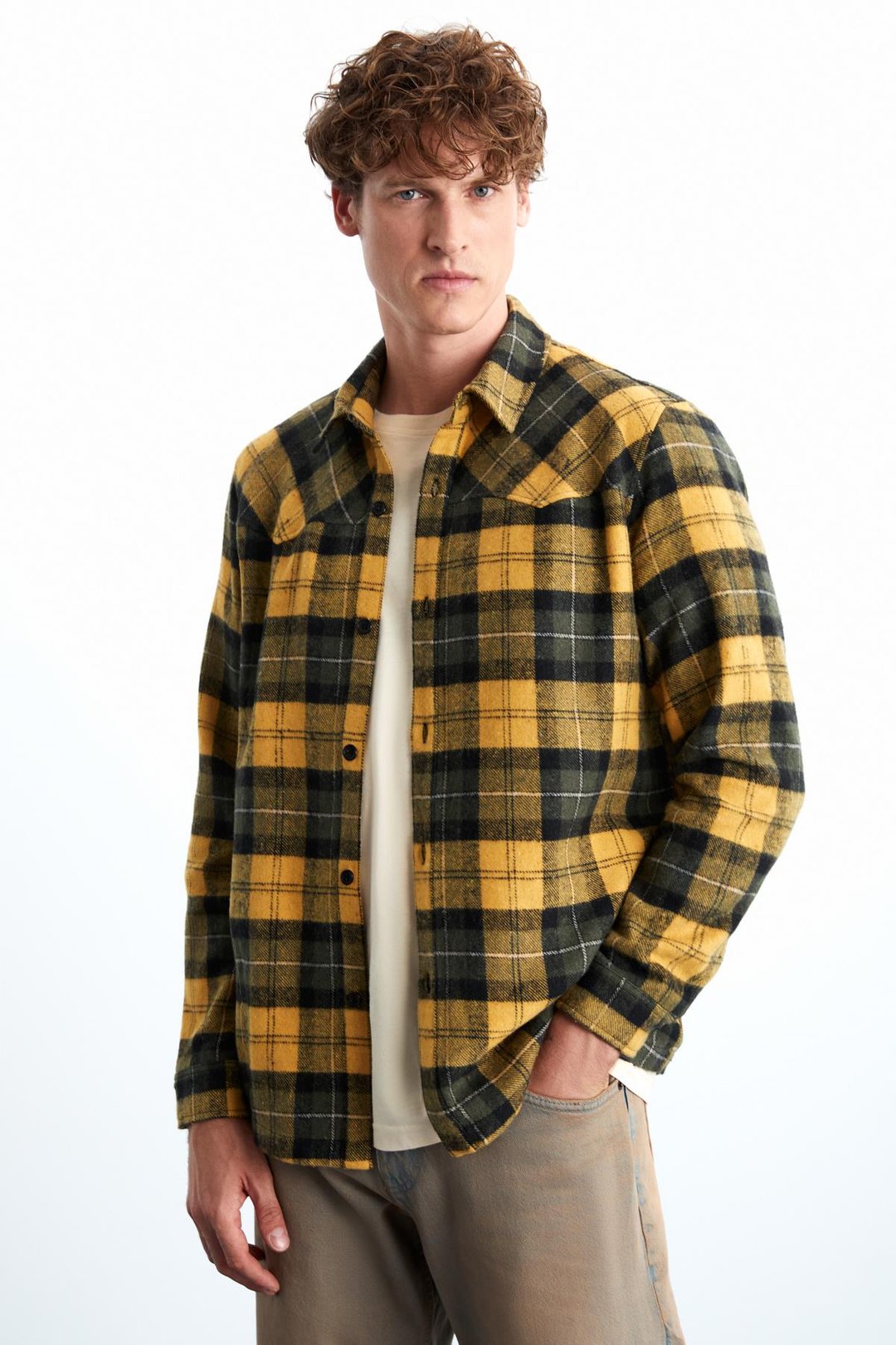 Allenı Erkek Gömlek Yaka Relaxed Fit Düğme Detaylı Sıcak Tutan Oduncu Safran Sarı Gömlek