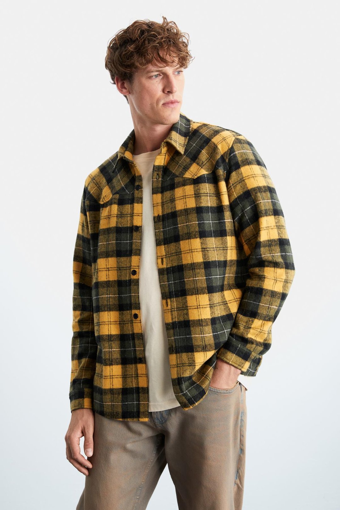 Allenı Erkek Gömlek Yaka Relaxed Fit Düğme Detaylı Sıcak Tutan Oduncu Safran Sarı Gömlek