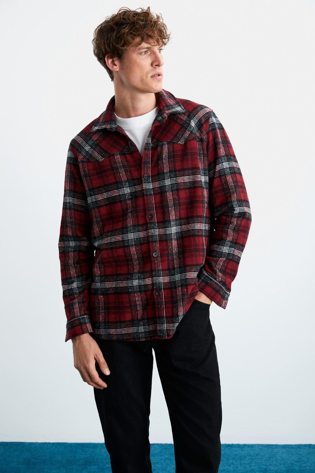 Allenı Erkek Gömlek Yaka Relaxed Fit Düğme Detaylı Sıcak Tutan Oduncu Kırmızı Gömlek