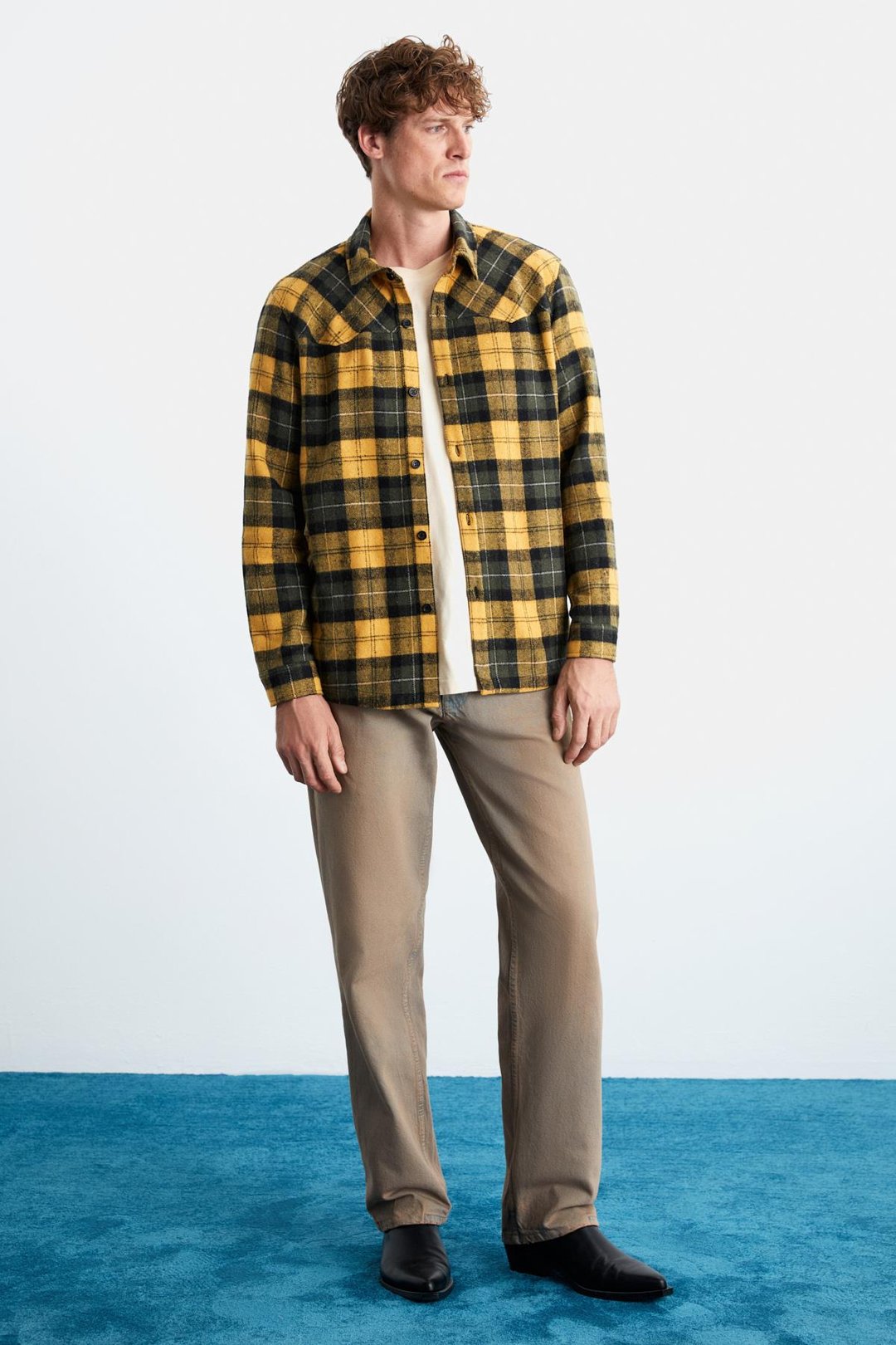 Allenı Erkek Gömlek Yaka Relaxed Fit Düğme Detaylı Sıcak Tutan Oduncu Safran Sarı Gömlek