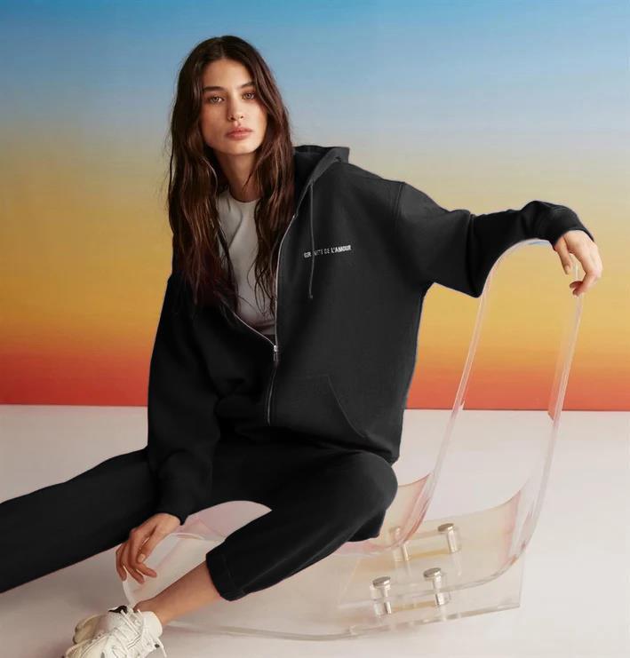 AMETIS Kadın İçi Polarlı Nakış Yazı Detaylı Organik Pamuk Oversize Kapüşonlu Siyah Sweatshirt