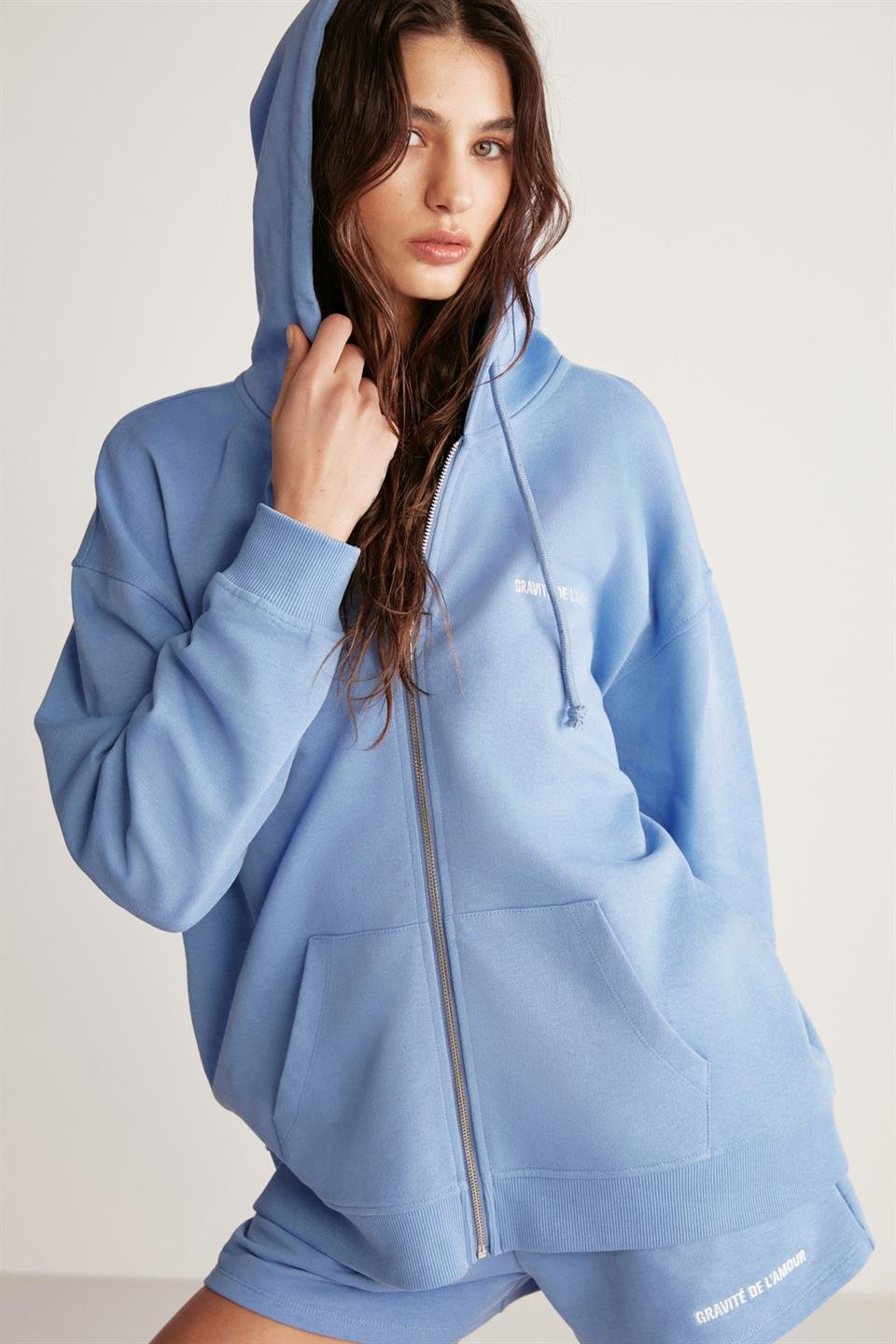 AMETIS Örme Oversize Mavi Tekli Sweatshirt