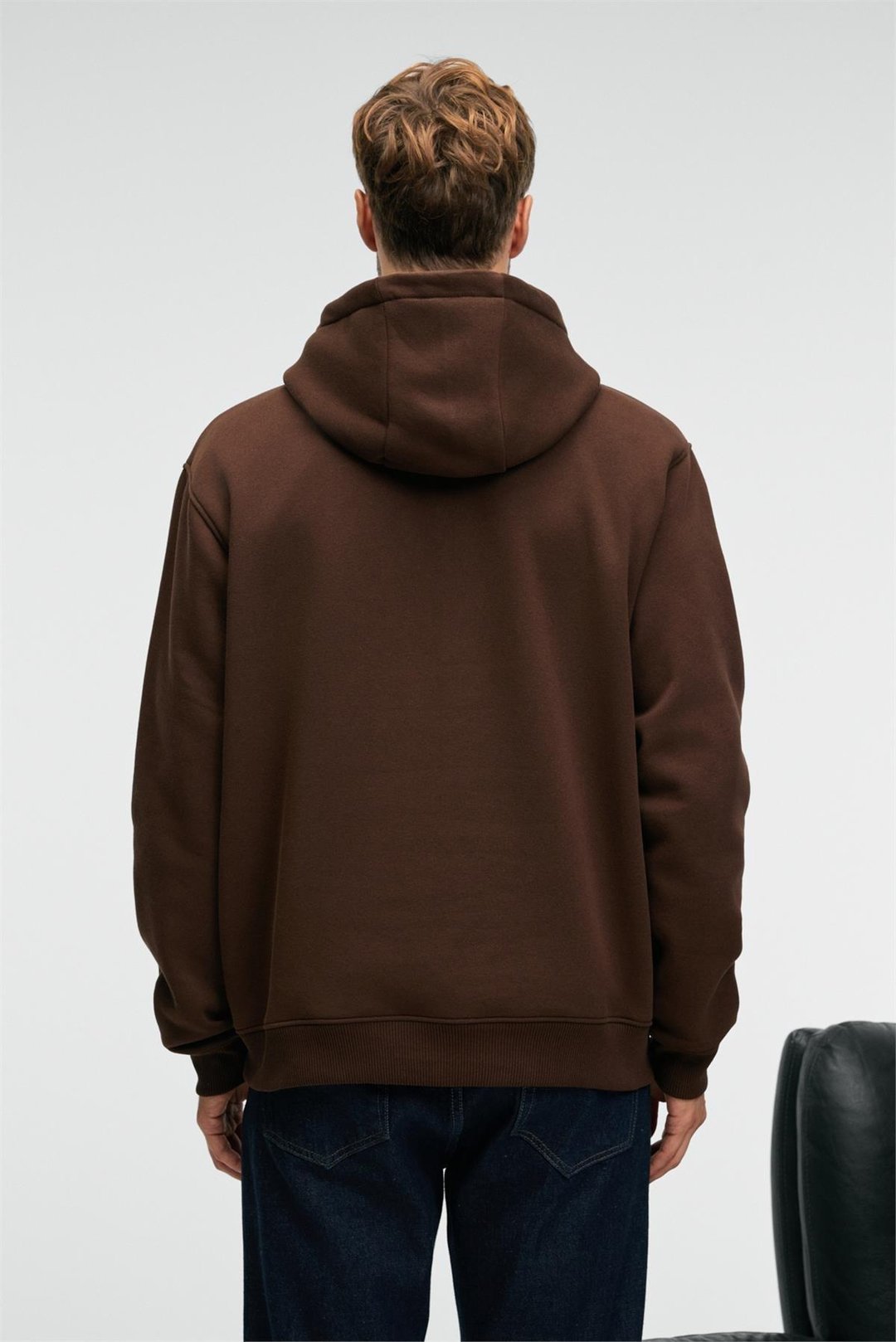 AMOS Erkek Yumuşak Kumaşlı 3 İplik Oversize Kapüşonlu Kanguru Cepli Acı Kahve Sweatshirt