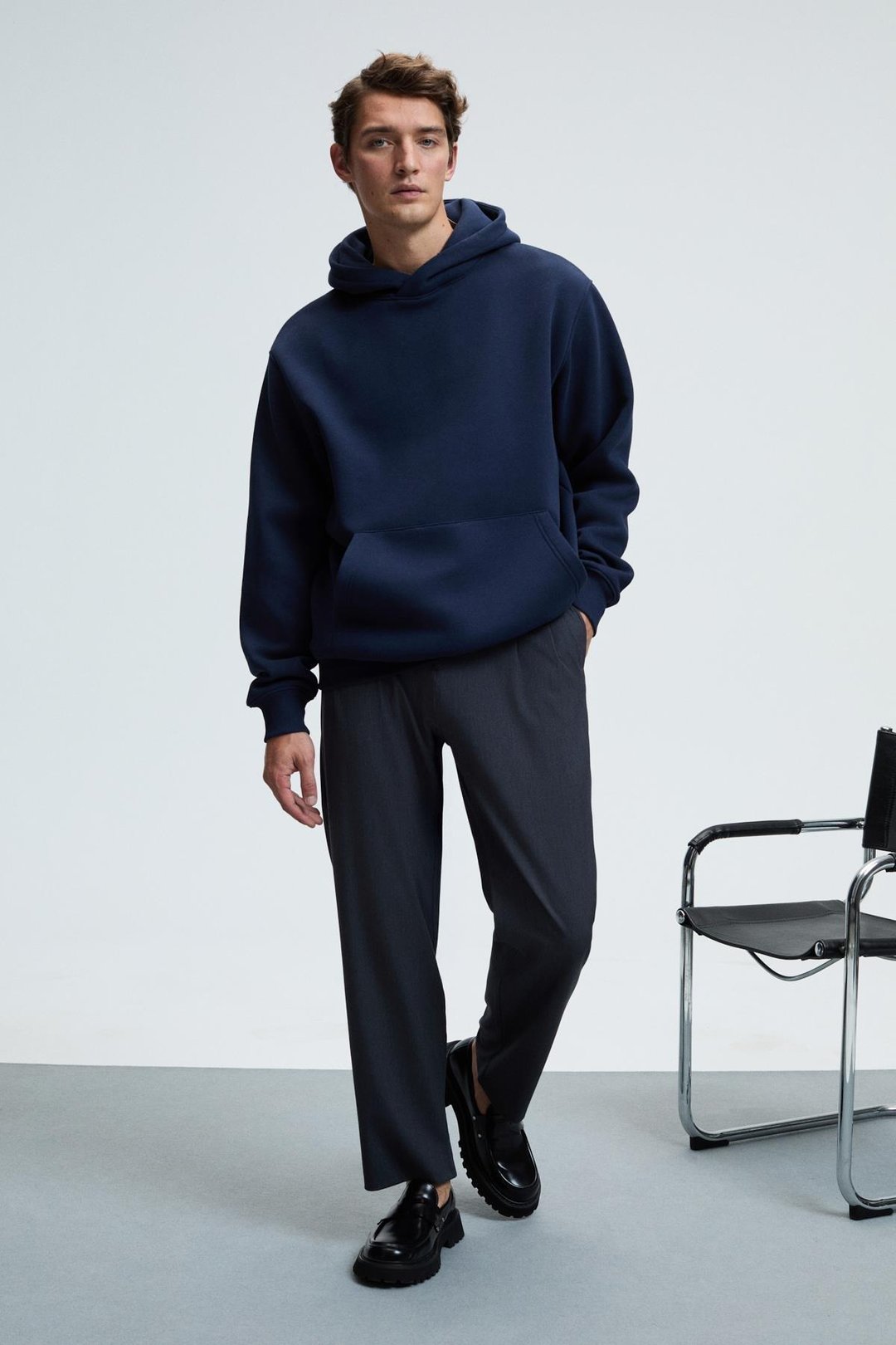 AMOS Erkek Yumuşak Kumaşlı 3 İplik Oversize Kapüşonlu Kanguru Cepli Lacivert Sweatshirt