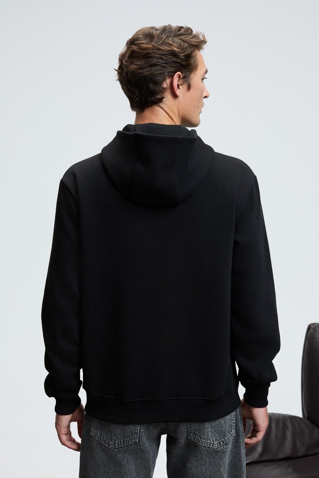 AMOS Erkek Yumuşak Kumaşlı 3 İplik Oversize Kapüşonlu Kanguru Cepli Siyah Sweatshirt