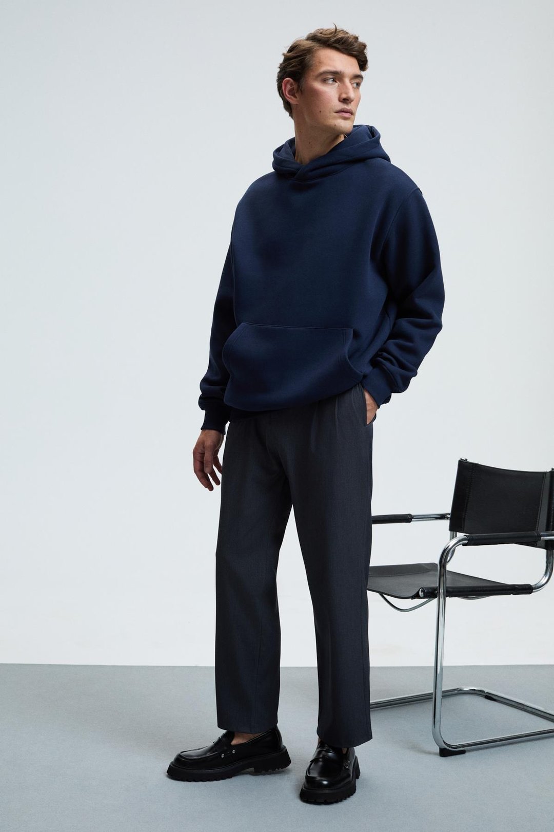 AMOS Erkek Yumuşak Kumaşlı 3 İplik Oversize Kapüşonlu Kanguru Cepli Lacivert Sweatshirt