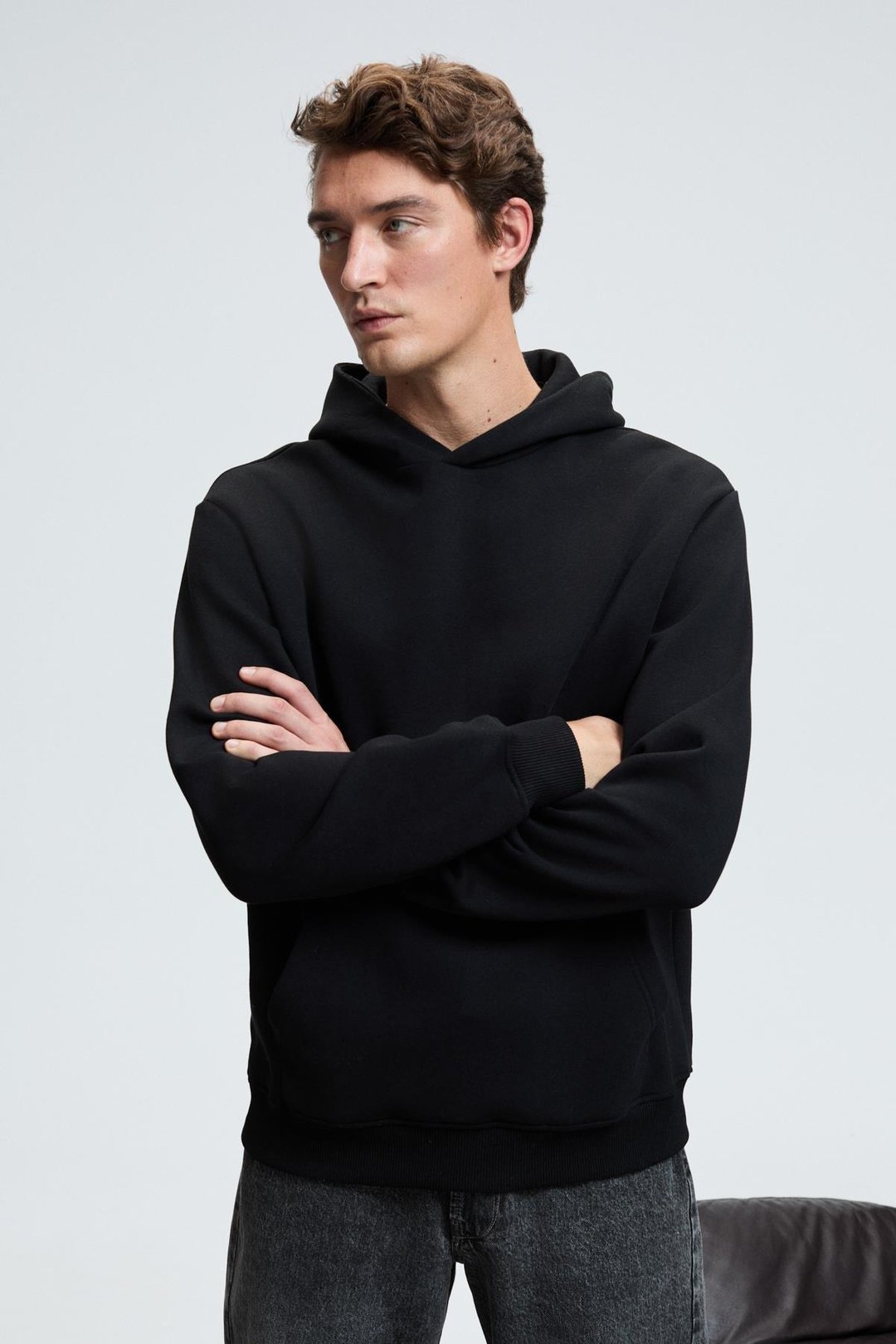 AMOS Erkek Yumuşak Kumaşlı 3 İplik Oversize Kapüşonlu Kanguru Cepli Siyah Sweatshirt
