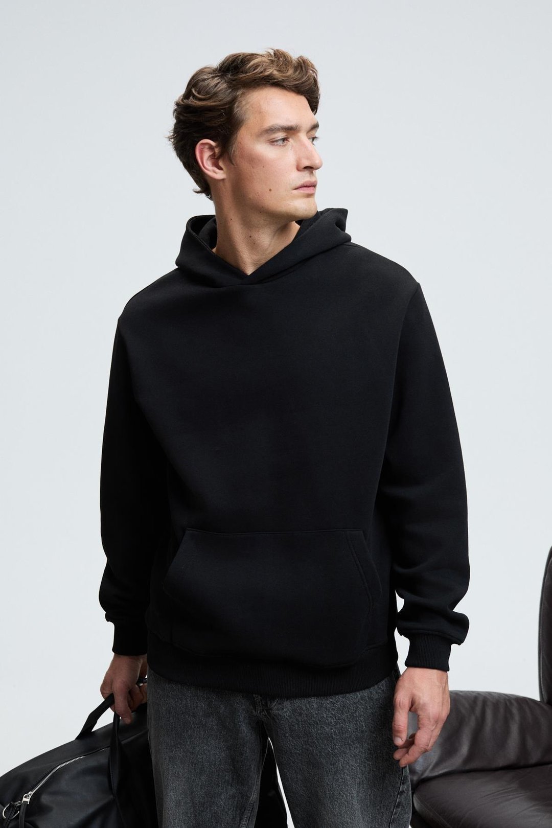 AMOS Erkek Yumuşak Kumaşlı 3 İplik Oversize Kapüşonlu Kanguru Cepli Siyah Sweatshirt