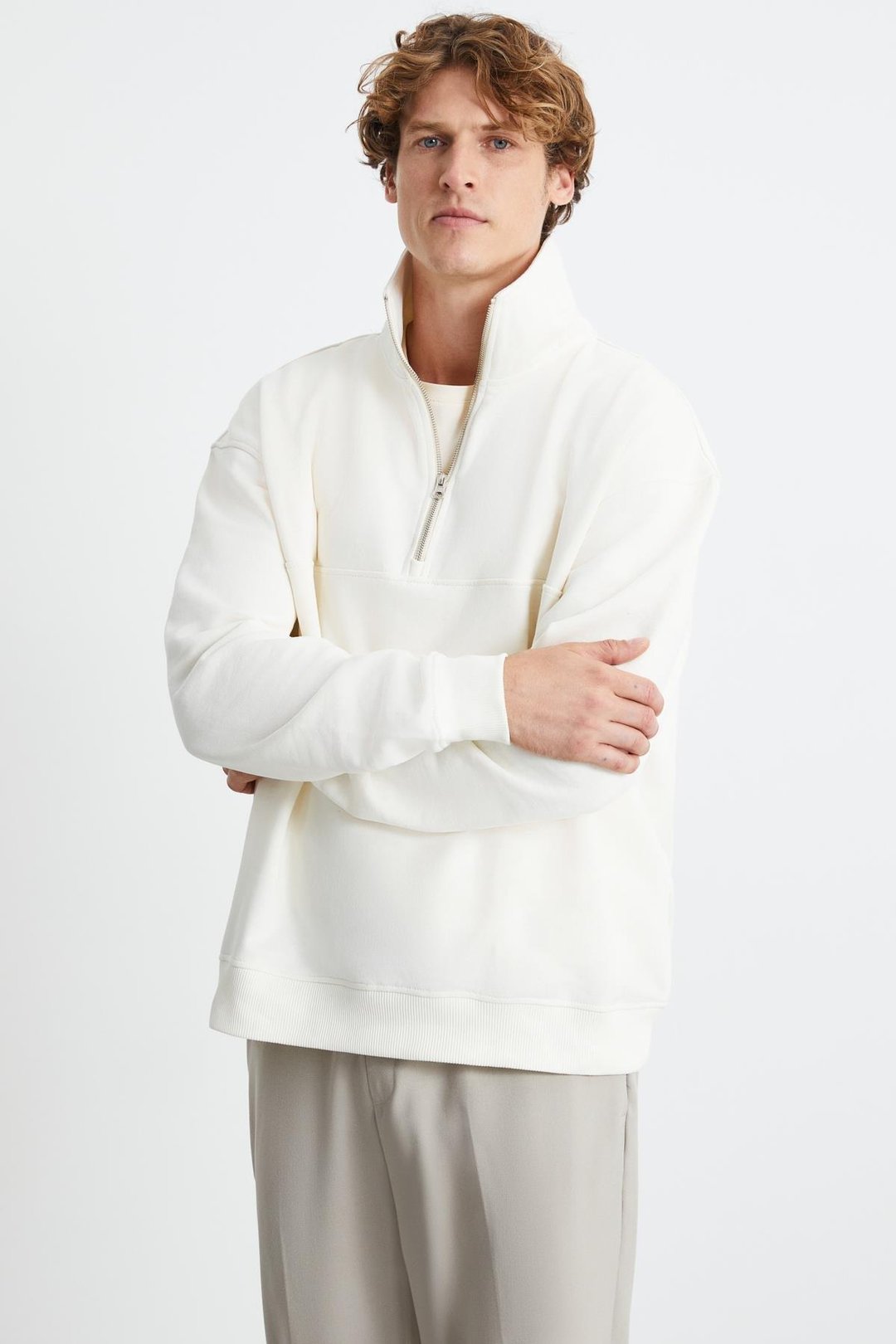ANDRICK Erkek Organik Pamuklu Dik Yaka Yarım Fermuarlı Ekru Sweatshirt