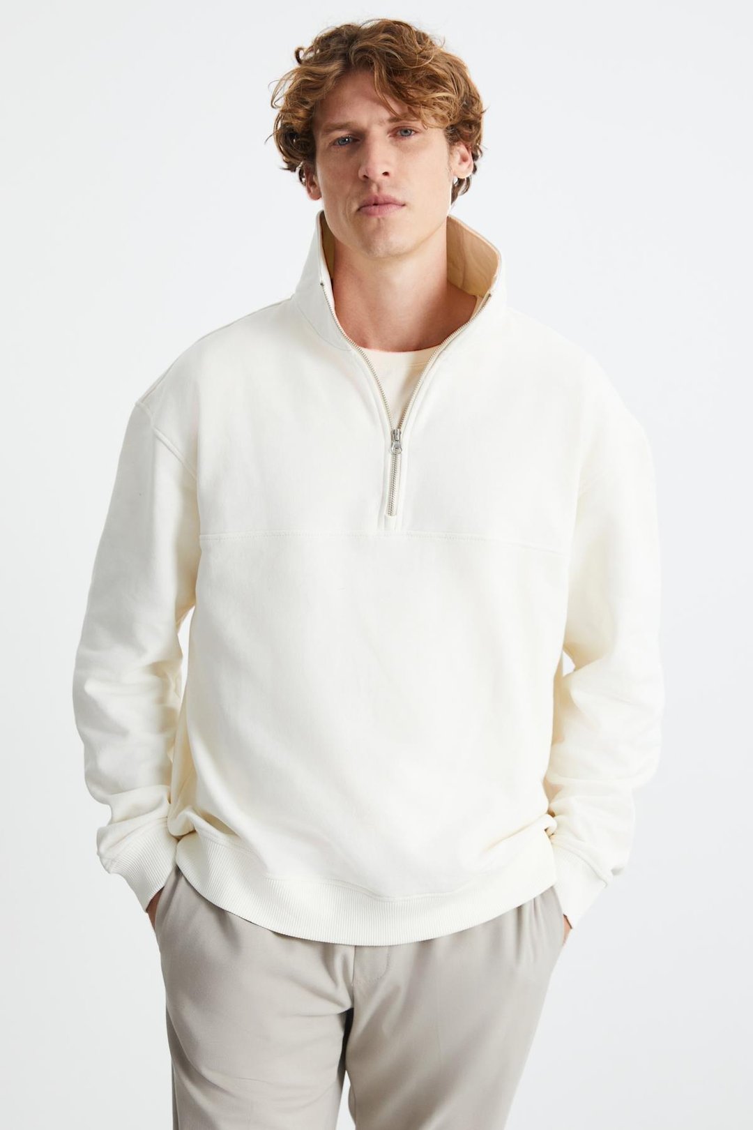 ANDRICK Erkek Organik Pamuklu Dik Yaka Yarım Fermuarlı Ekru Sweatshirt